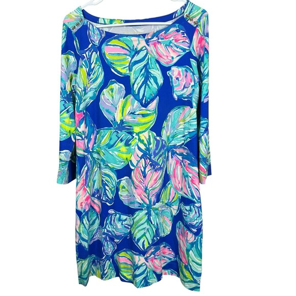 Lilly Pulitzer Blue Leaf Print Knit Dress Size M 3/4 Sleeve Button Tropical - Picture 1 of 12